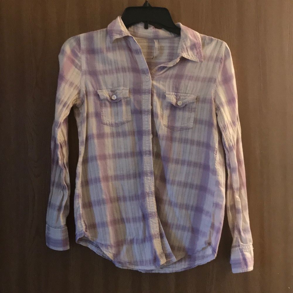 Purple and white plaid button up